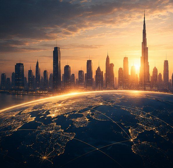 A city skyline at sunrise above a glowing, connected globe — representing Etrynity's global mindset